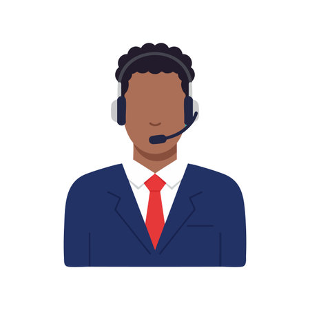 Illustration shows a customer service representative wearing a headset and business suit, conveying professionalism and communication skills. Calm mood.のイラスト素材