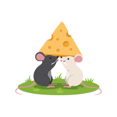 Two adorable mice, one black and one white, share a large cheese piece while standing on green grass, creating a charming and playful scene.のイラスト素材