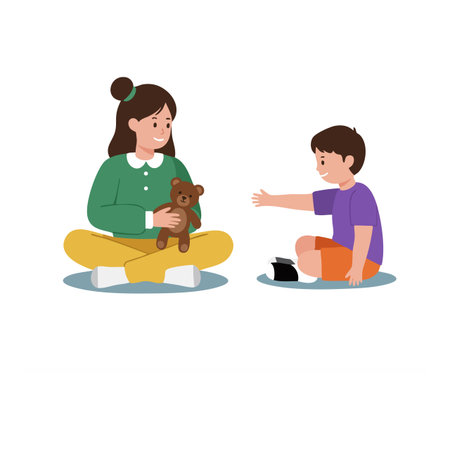 Two children sitting on the floor with a teddy bear, interacting happily in casual clothes, playful and friendly mood.のイラスト素材