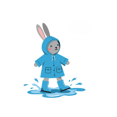 Rabbit character dressed in blue raincoat and boots walking through water puddles, showing playful and cheerful mood.のイラスト素材