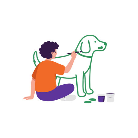 Child wearing orange shirt paints green dog outline while sitting on floor near paint containers in bright flat style. Cheerful mood.のイラスト素材