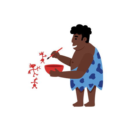 Illustration shows a caveman painting red figures on a bowl, representing early human creativity and culture in a lively style.のイラスト素材