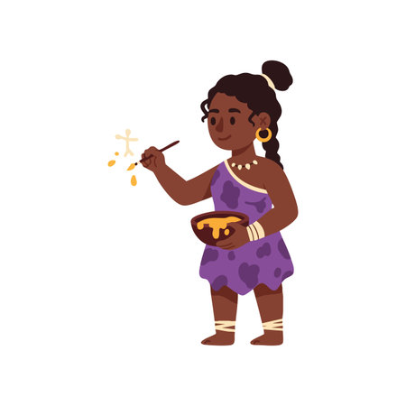 Illustration shows a dark-skinned girl holding a paintbrush and a bowl, painting symbols with a focused and creative mood.のイラスト素材