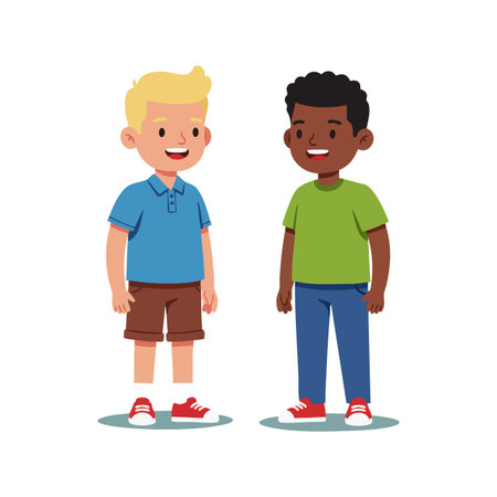 Illustration shows two smiling boys wearing casual clothes and red shoes standing side by side in friendly mood.のイラスト素材