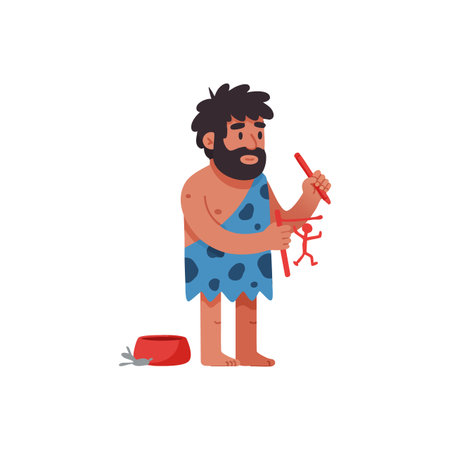 Illustration shows a caveman painting a primitive red figure on animal skin, emphasizing early human creativity and culture in a simple style. Calm mood.のイラスト素材