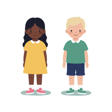 Illustration shows a girl in yellow dress and boy in green shirt with blue shorts standing side by side, creating a friendly and cheerful mood.のイラスト素材