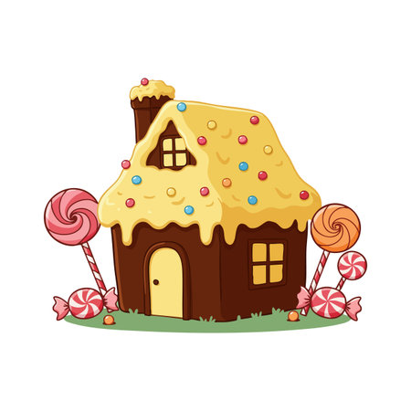 Illustration shows a gingerbread house decorated with yellow icing and surrounded by various candies in a cheerful mood.のイラスト素材