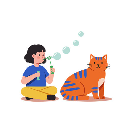 A girl wearing blue and yellow sits on the floor blowing bubbles near an orange striped cat. The scene is playful and calm.のイラスト素材