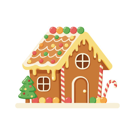 Vector illustration of a gingerbread house decorated with colorful candies, icing, and a Christmas tree, evoking festive holiday joy. Cheerful mood.のイラスト素材