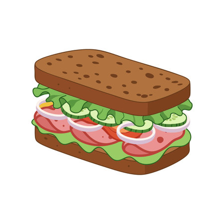 Illustration shows a sandwich with lettuce, tomato, onion, and deli meat between brown bread slices in a simple style. Appetizing and colorful.のイラスト素材