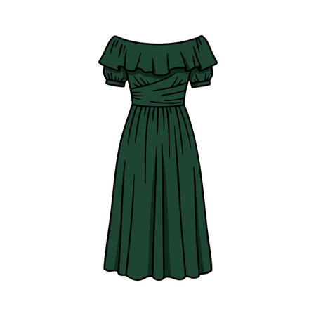Illustration shows a dark green vintage dress with ruffles and a fitted waist in a classic style. Elegant and nostalgic mood.のイラスト素材