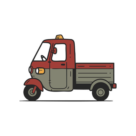 Side view of a three wheeled delivery truck with red and gray colors in a flat vector style,...