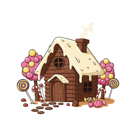 Illustration shows a gingerbread house with a snowy roof, candy canes, lollipops, and colorful trees in a winter setting, cheerful mood.のイラスト素材
