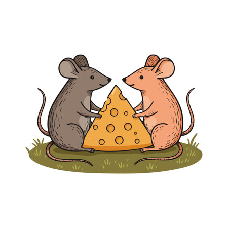 Illustration shows two mice holding a large yellow cheese piece while sitting on grass in a friendly and peaceful mood.のイラスト素材