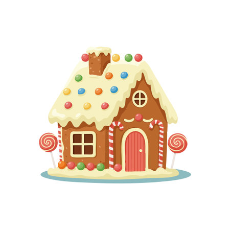 Vector illustration of a gingerbread house decorated with colorful candies and snow icing, evoking festive and cozy winter holiday mood.のイラスト素材