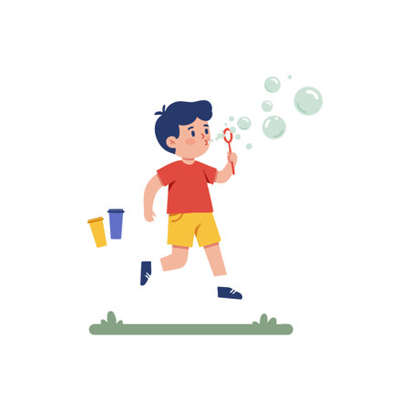 Boy running outdoors while blowing soap bubbles, wearing casual red and yellow clothes, joyful and playful mood.のイラスト素材