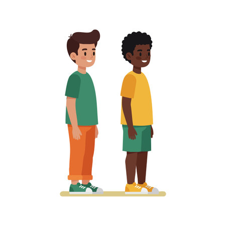 Illustration shows two boys standing side by side wearing casual clothing in a friendly pose with bright colors and clear details, cheerful mood.のイラスト素材
