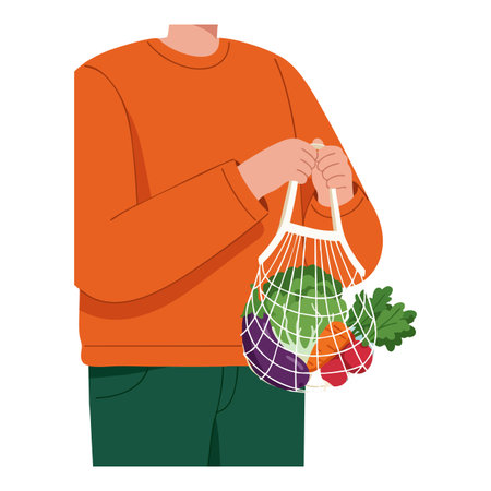 Illustration shows a person wearing orange and green holding a reusable mesh bag filled with fresh vegetables, promoting eco friendly lifestyle. Calm mood.のイラスト素材