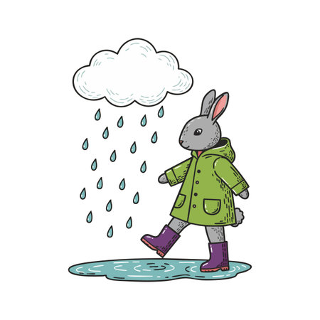 Rabbit wearing green raincoat and purple boots walks through a rain puddle under a cloud with raindrops, showing playful mood.のイラスト素材