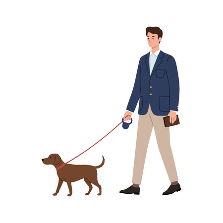 Man in navy jacket and beige pants walks a brown dog on a red leash in a simple style. Calm and relaxed mood.のイラスト素材
