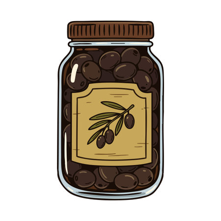 This vector shows a jar filled with black olives and a labeled olive branch, featuring a brown lid in a clear glass container. Calm mood.のイラスト素材