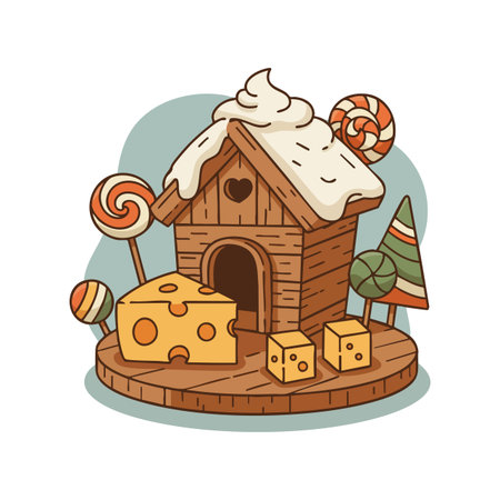 Illustration shows a gingerbread house topped with icing, surrounded by cheese and candy, creating a festive and whimsical mood.のイラスト素材