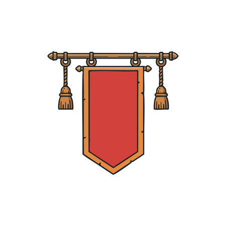 Illustration shows a medieval red banner hanging from a wooden rod with decorative tassels in a simple style. Calm mood.のイラスト素材