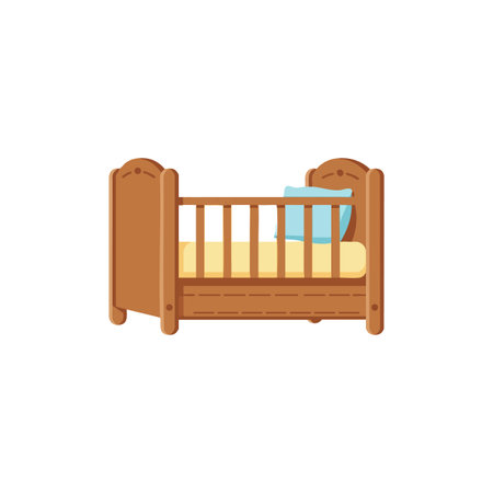 This vector shows a wooden baby crib with a pillow and mattress in soft colors, designed for infant comfort and safety, calm atmosphere.のイラスト素材