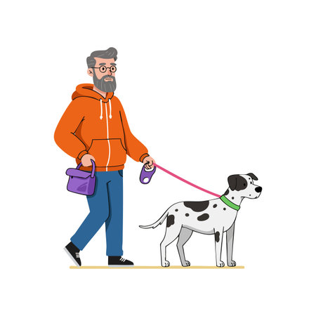 Man in orange hoodie walks a dalmatian dog on a leash carrying a purple bag. Calm and casual mood.のイラスト素材