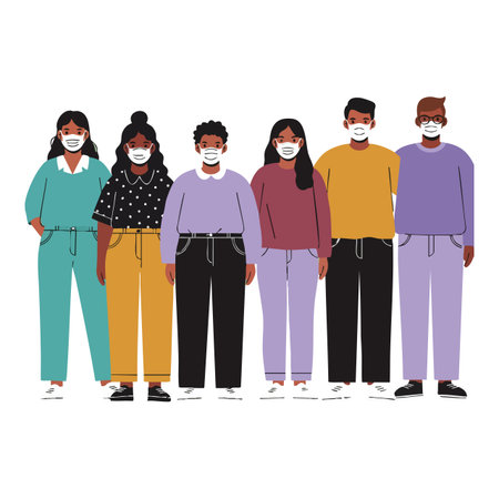 Illustration shows diverse group of six people wearing face masks standing side by side in casual clothes, representing unity and health safety. Calm mood.のイラスト素材