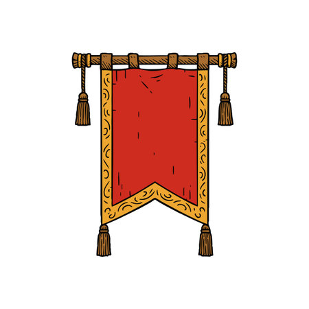 Illustration shows a red medieval banner with a gold ornate border hanging from a wooden pole with tassels. Classic design, vintage mood.のイラスト素材
