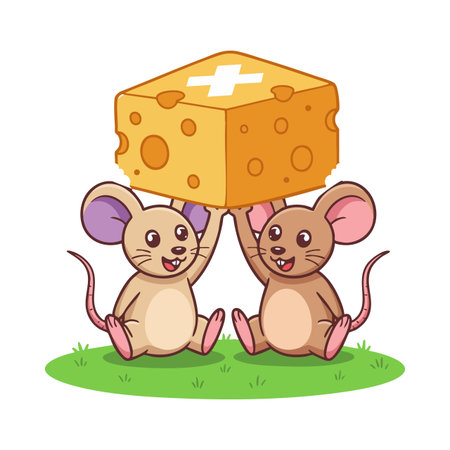 Two cheerful mice sit on green grass holding a large piece of cheese together in a bright and playful scene. Joyful mood.のイラスト素材