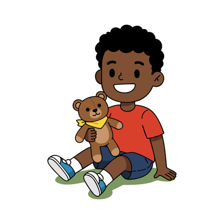 Illustration shows happy boy sitting on grass holding a teddy bear, wearing red shirt and blue shorts, creating joyful and playful mood.のイラスト素材