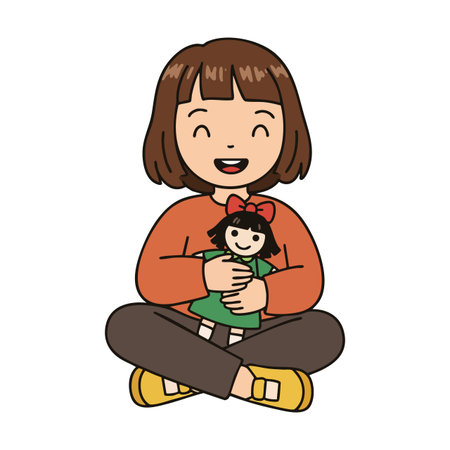 Vector illustration of a happy girl sitting cross-legged and hugging a doll, smiling joyfully with brown hair and casual clothing. Cheerful mood.のイラスト素材