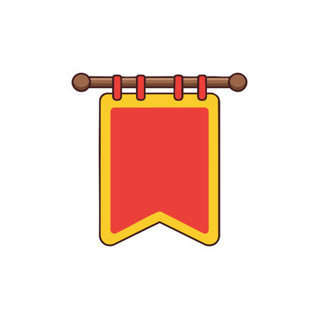 Vector illustration shows a red and yellow hanging banner suspended from a wooden rod, suitable for decoration and display purposes. Cheerful.のイラスト素材