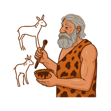 Prehistoric man paints animal figures on cave walls using a brush and bowl, showing ancient artistic expression in a simple style. Creative mood.のイラスト素材