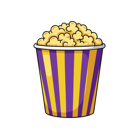 This vector image shows a popcorn bucket with purple and yellow stripes filled with fluffy popcorn, ideal for cinema snacks and movie nights, cheerful mood.のイラスト素材
