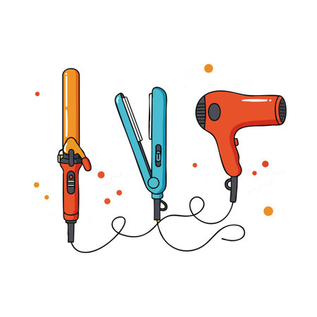 Vector illustration of three hair styling tools with orange, blue, and red colors connected by cords, representing beauty salon equipment. Cheerful.のイラスト素材