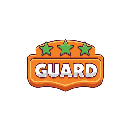 Vector image showing an orange shield-shaped guard badge topped with three green stars representing security and authority in a simple style. Bright and clear.のイラスト素材