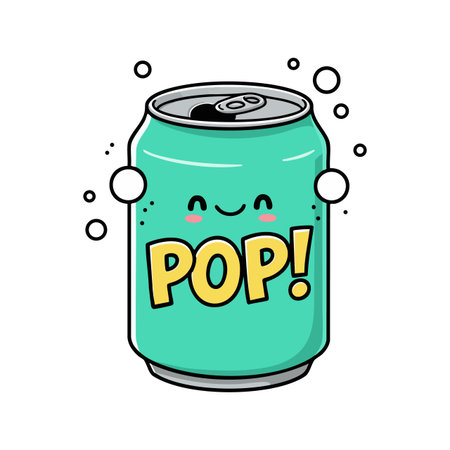 This vector shows a cute smiling soda can with cheerful pop text and bubbles in comic style, creating a playful and joyful mood.のイラスト素材