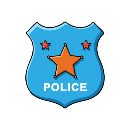 This vector image shows a blue police badge with an orange star and two smaller stars, symbolizing law enforcement and security, simple and clear style.のイラスト素材