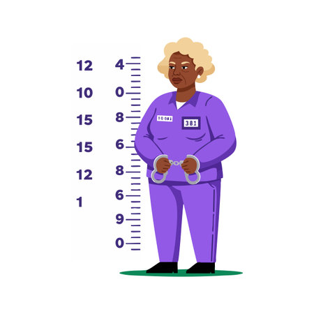 Illustration of a black female prisoner wearing a purple uniform and handcuffs standing in front of...