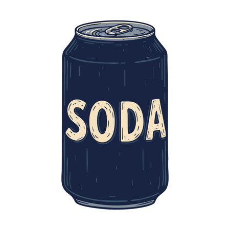Illustration shows a dark blue soda can with beige text and metallic top in a vintage style, evoking a classic refreshment feeling. Calm mood.のイラスト素材