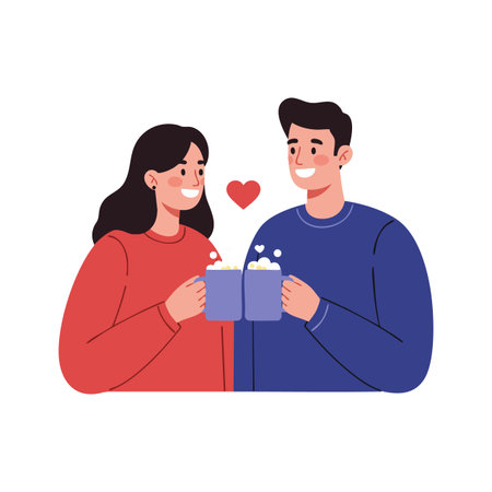 A smiling couple clinks mugs filled with hot drinks sharing a warm romantic moment with a heart symbol above, cheerful and cozy mood.のイラスト素材