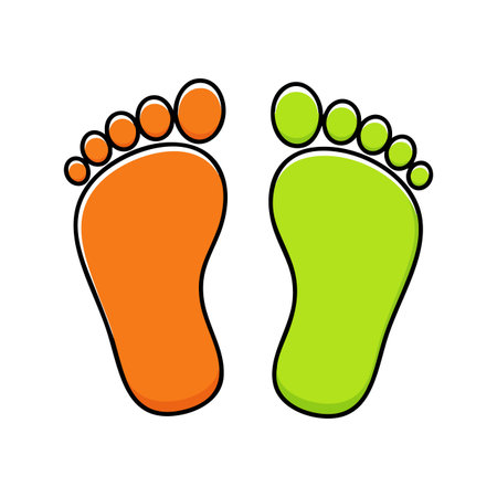Illustration shows two colorful footprints in orange and green colors with simple outlines, representing creativity and playfulness. Cheerful mood.のイラスト素材
