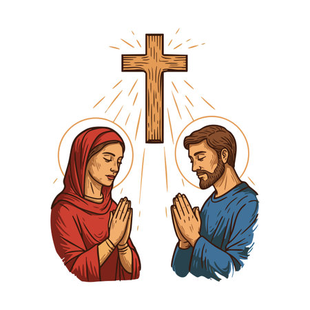 Illustration shows a man and woman praying with halos under a glowing wooden cross symbolizing faith and devotion in a peaceful atmosphere.のイラスト素材