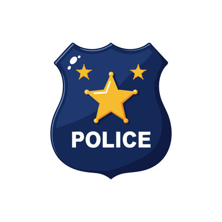 Vector illustration of a dark blue police badge featuring three yellow stars and white text, symbolizing authority and security. Professional and bold.のイラスト素材