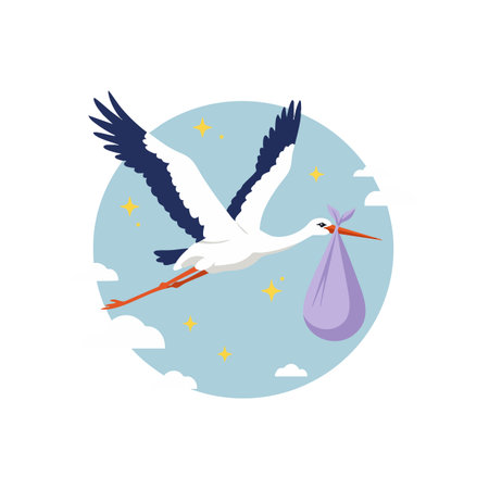 Vector shows stork carrying purple bundle flying through starry sky with clouds, symbolizing baby delivery, gentle and calm mood.のイラスト素材