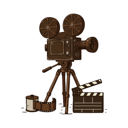 Illustration features a vintage film camera on tripod with film roll and clapperboard in brown colors, conveying classic cinema mood.のイラスト素材