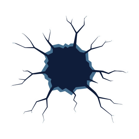 Vector image depicting a cracked hole with jagged edges and dark center creating a sense of broken surface and damage, intense mood.のイラスト素材